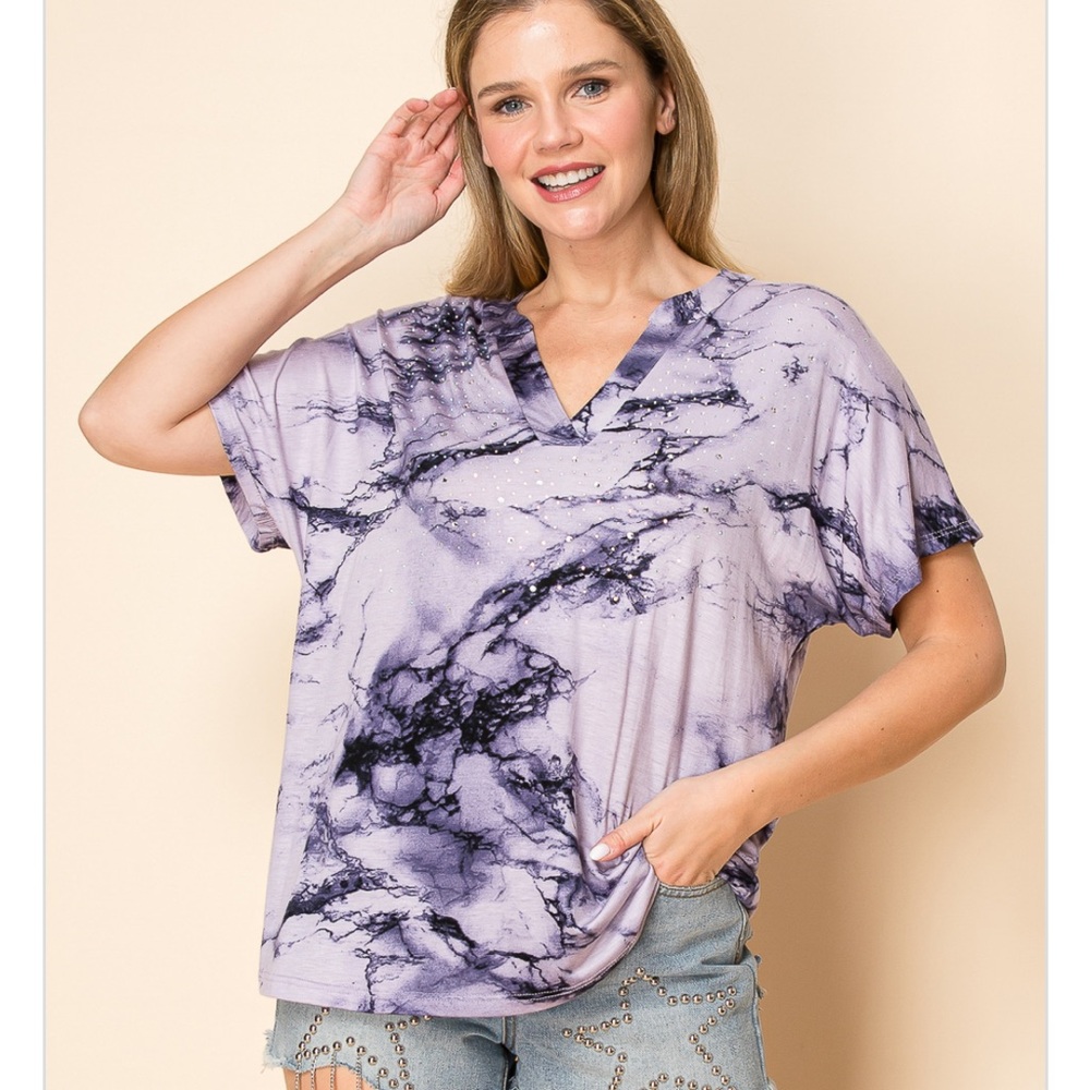 Purple Marble Print Rhinestone Top